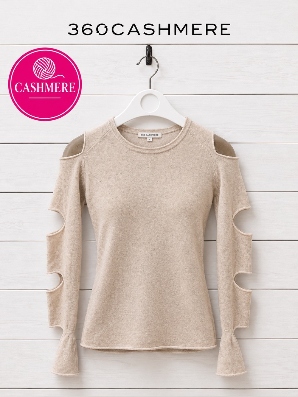 360 CASHMERE Beige Cut-Out Sleeve Sweater XS